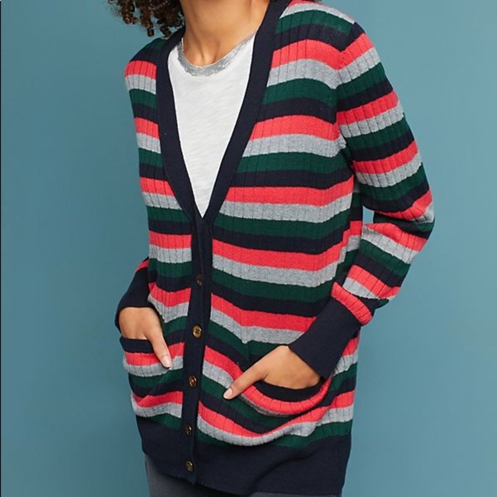 Anthropologie Moth Cardigan Striped Large Red Gray